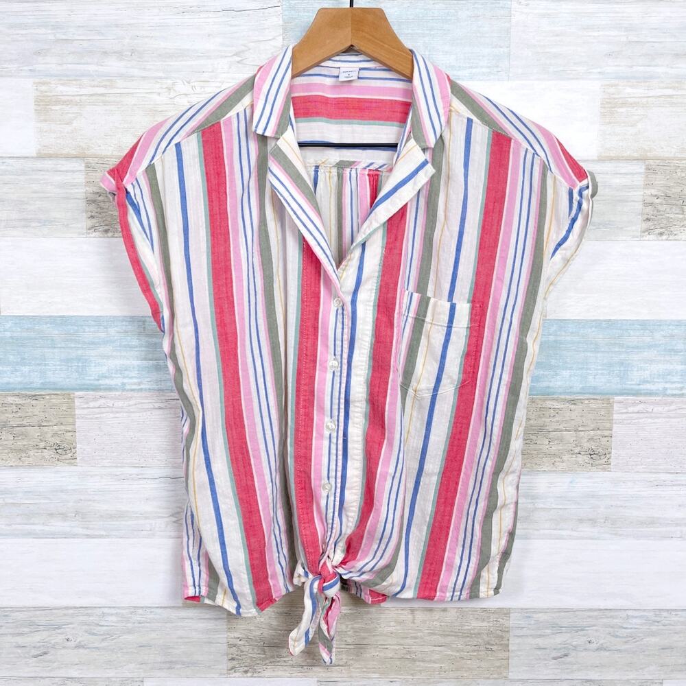 Old Navy Notch Collar Tie Hem Shirt Pink Multi Striped Short Sleeve Womens Small